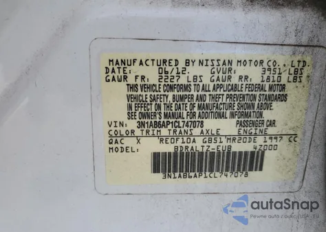 2012 Nissan Sentra 2.0 from USA, damaged, VIN 3N1AB6AP1CL747078